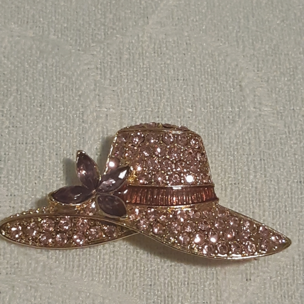 Vintage Monet Hat With Pink And Purple Crystal's Gold Tone Stamped Monet W 1.5"
